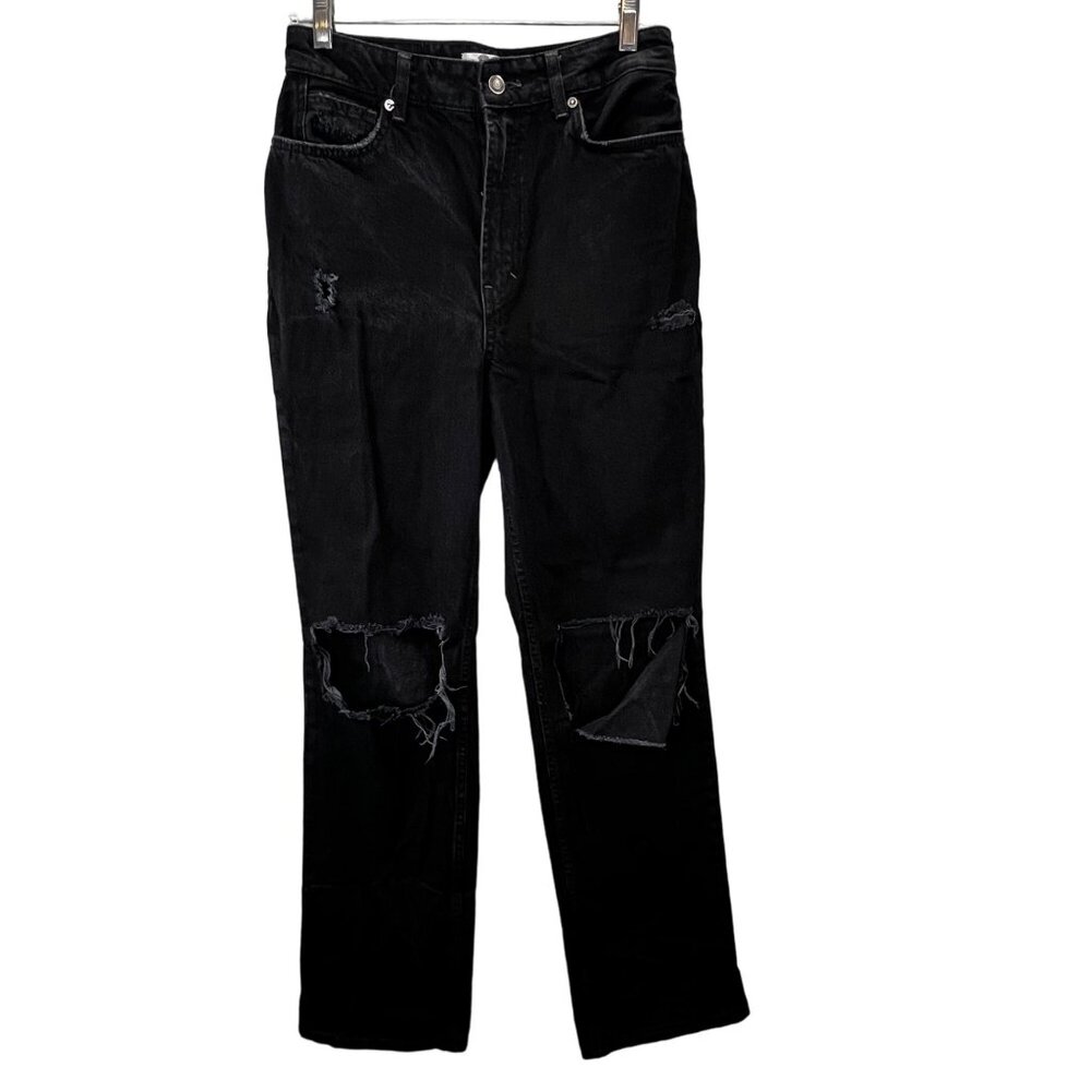 We The Free People Jeans 29 Black Hi Rise Straight Leg Distressed Notched Hem
